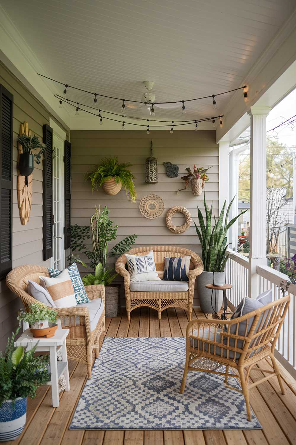 Cozy back porch featuring wicker furniture, string lights, and potted plants on wooden flooring