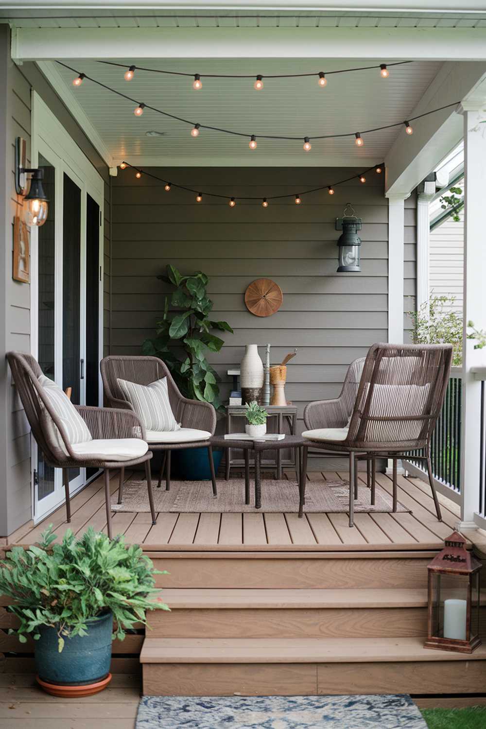 Stylish wooden deck with comfortable seating, string lights, and coordinated decor elements