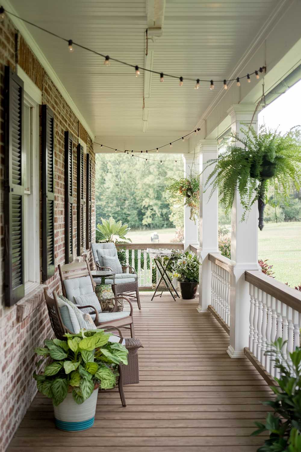 Rustic back porch with white pillars, wooden furniture, and hanging plants against a brick backdrop