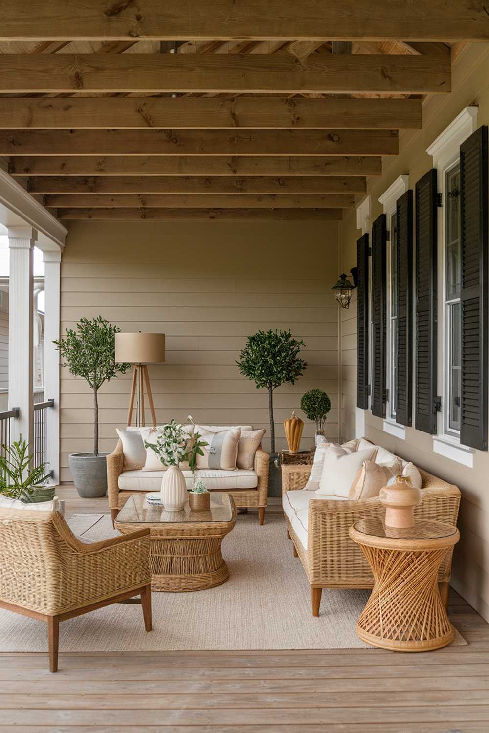 Elegant back porch with beige furniture, glass coffee table, and exposed wooden ceiling beams