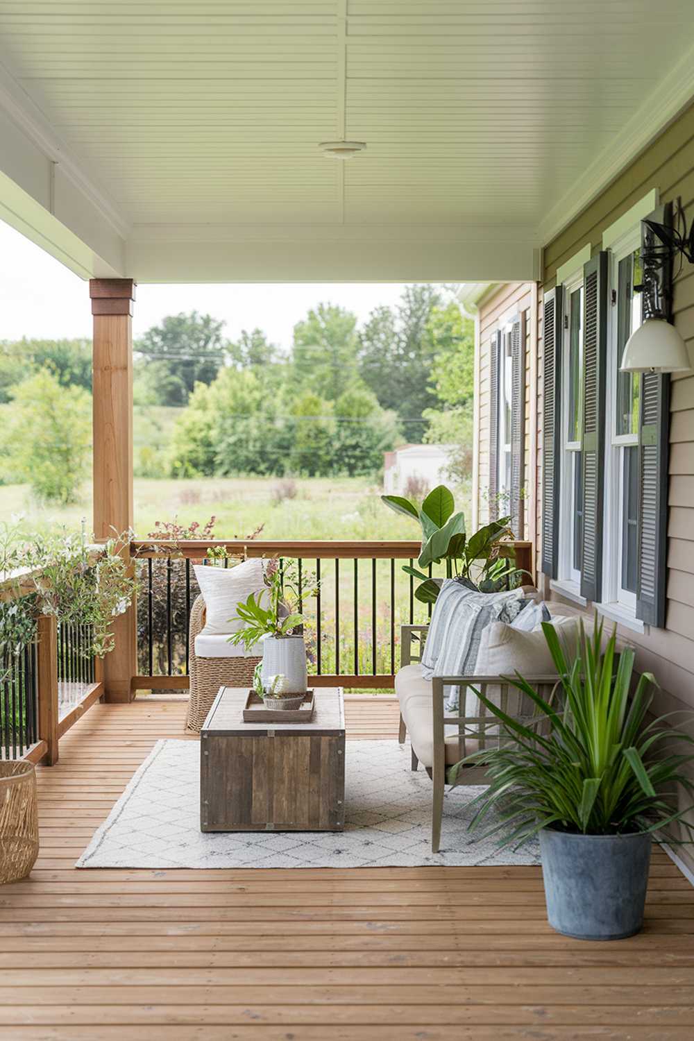 Simple yet stylish back porch with comfortable couch and coffee table against the green landscape