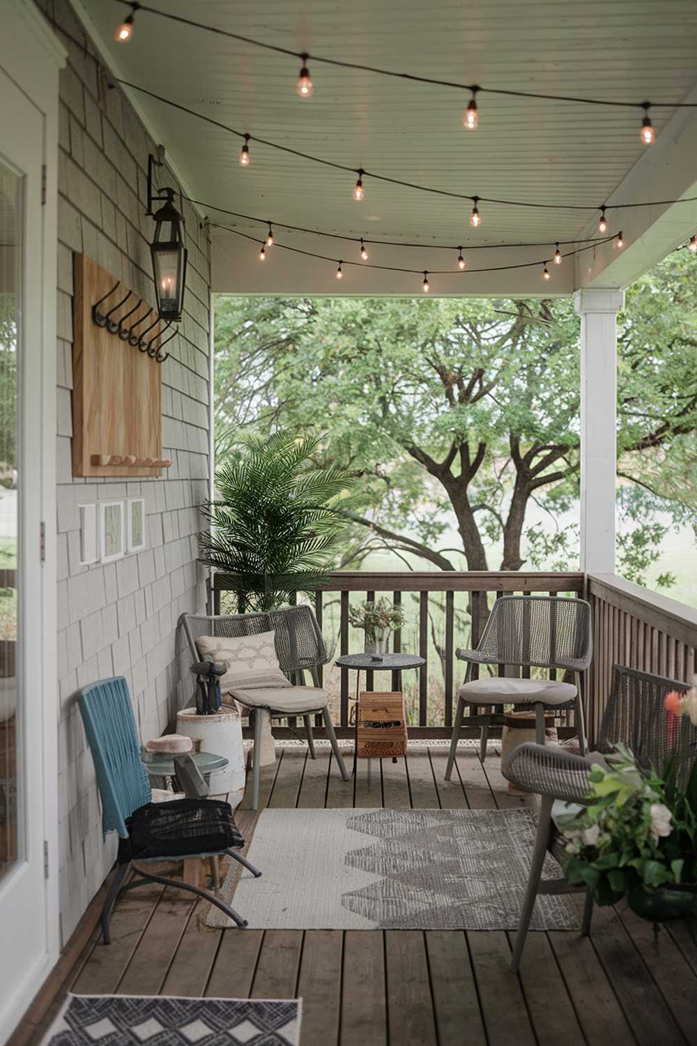 Rustic back porch with fairy lights, wooden furniture, and cozy textiles creating a magical ambiance