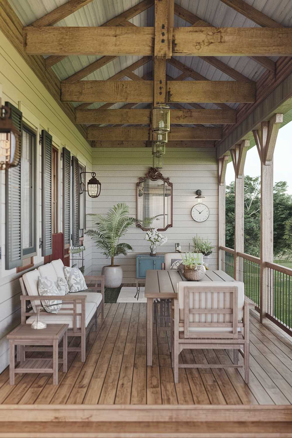 Back porch with wooden dining set, vintage decor, and wooden beam ceiling creating elegant outdoor dining