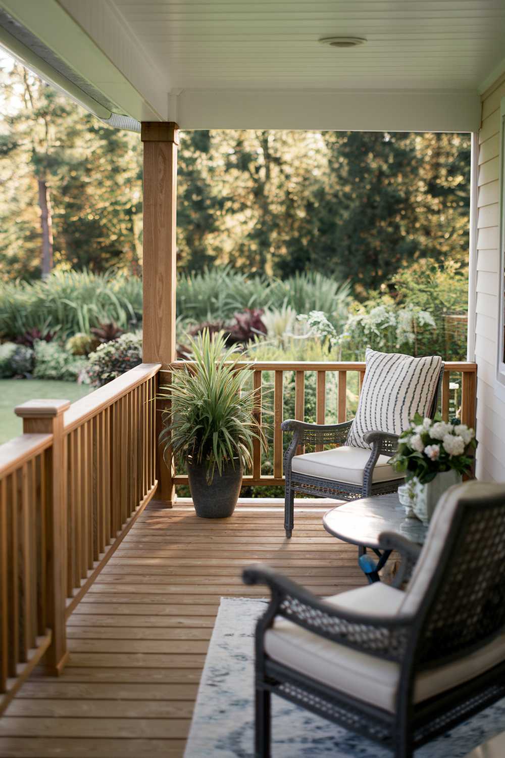 Simple wooden deck with railing and comfortable seating overlooking the lush garden