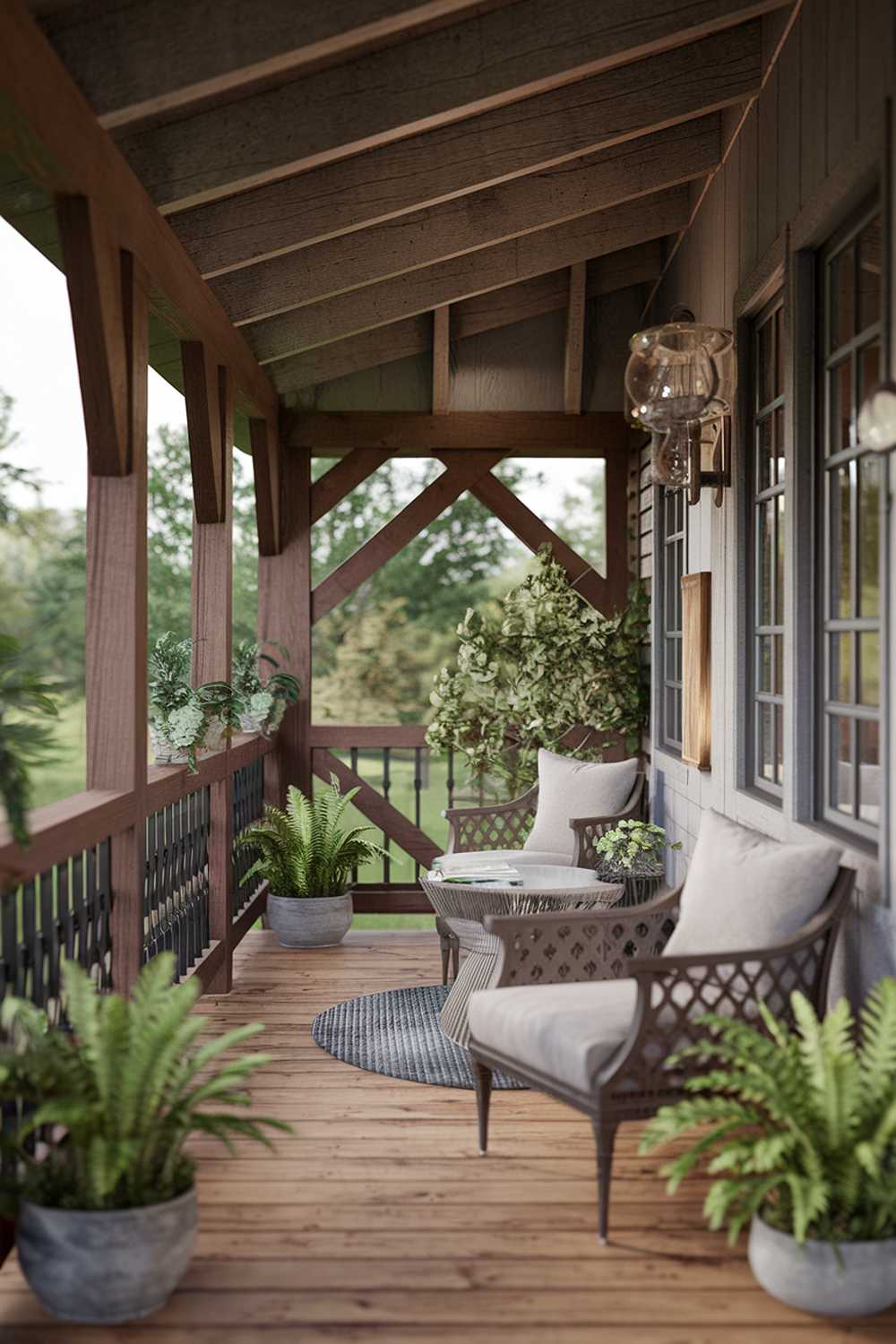 Rustic wooden porch with potted plants and hanging light fixture creating a warm atmosphere