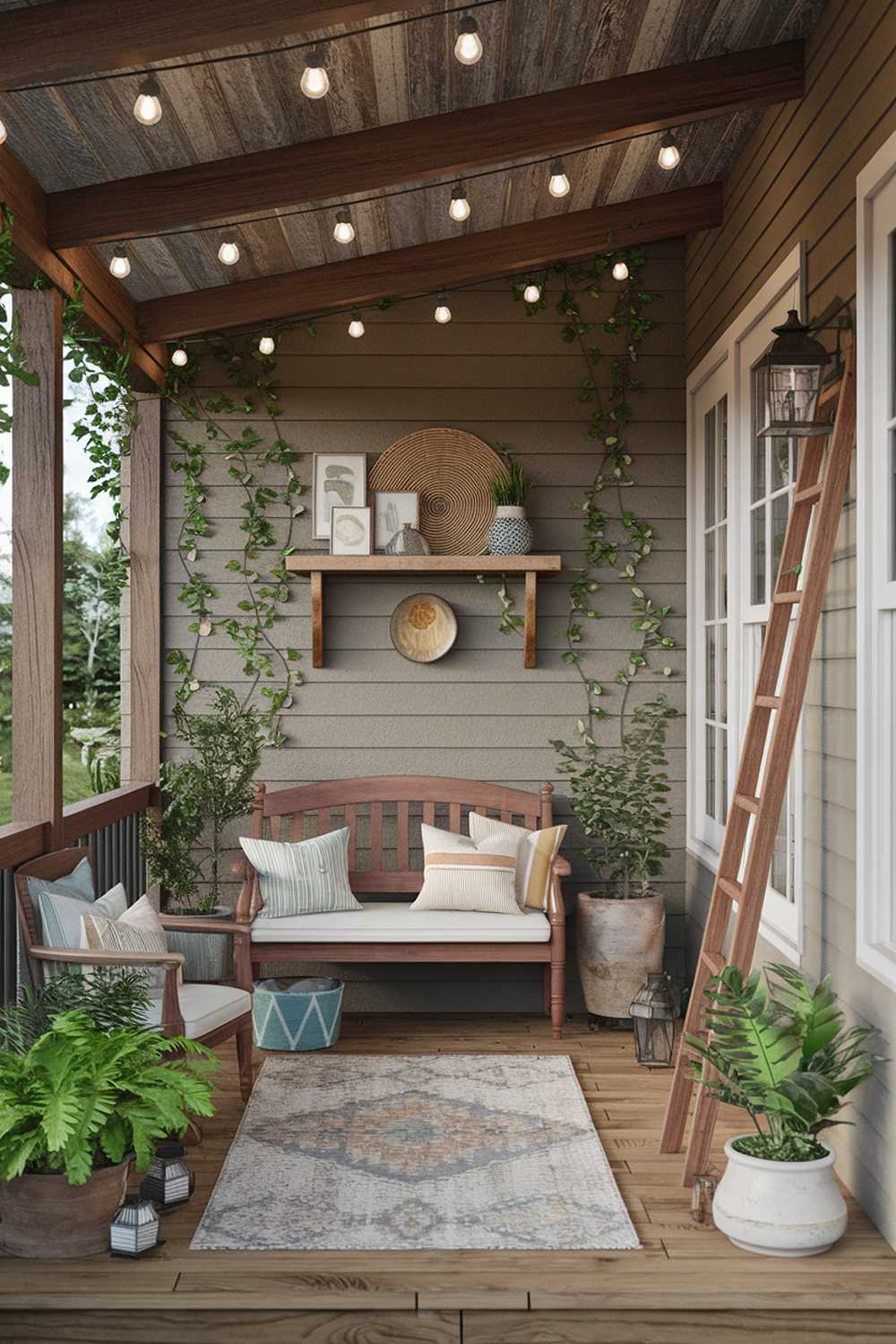 Back porch featuring wooden ladder, wall shelf, and climbing vines creating dimensional appeal