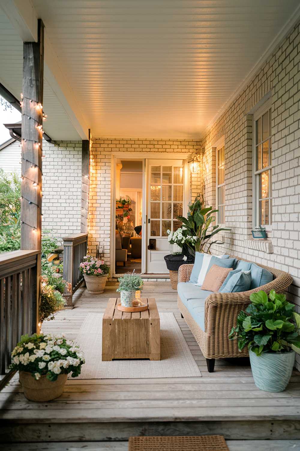 Cozy back porch with wicker furniture, fairy lights, and white brick walls creating a cottage atmosphere