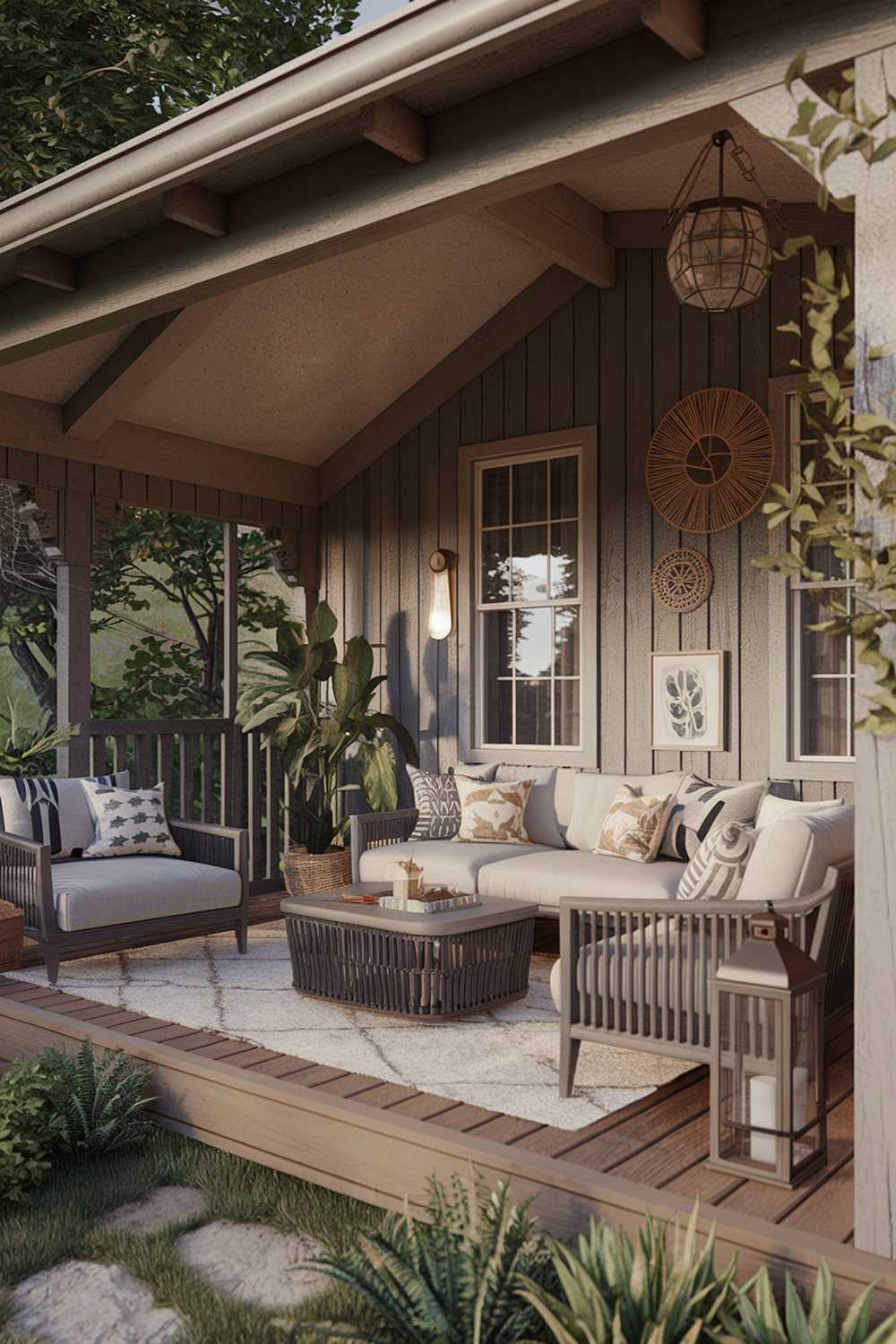 Back porch with balanced furniture arrangement and decorative accents creating an elegant atmosphere