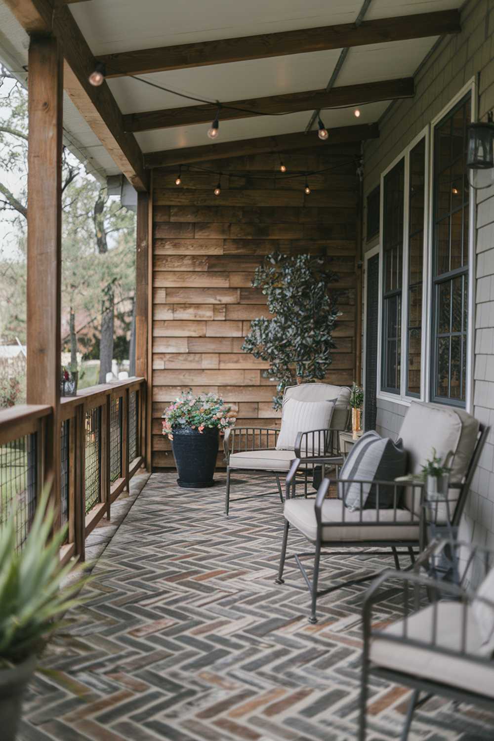 Back porch with string lights and brick flooring creating perfect nighttime gathering space