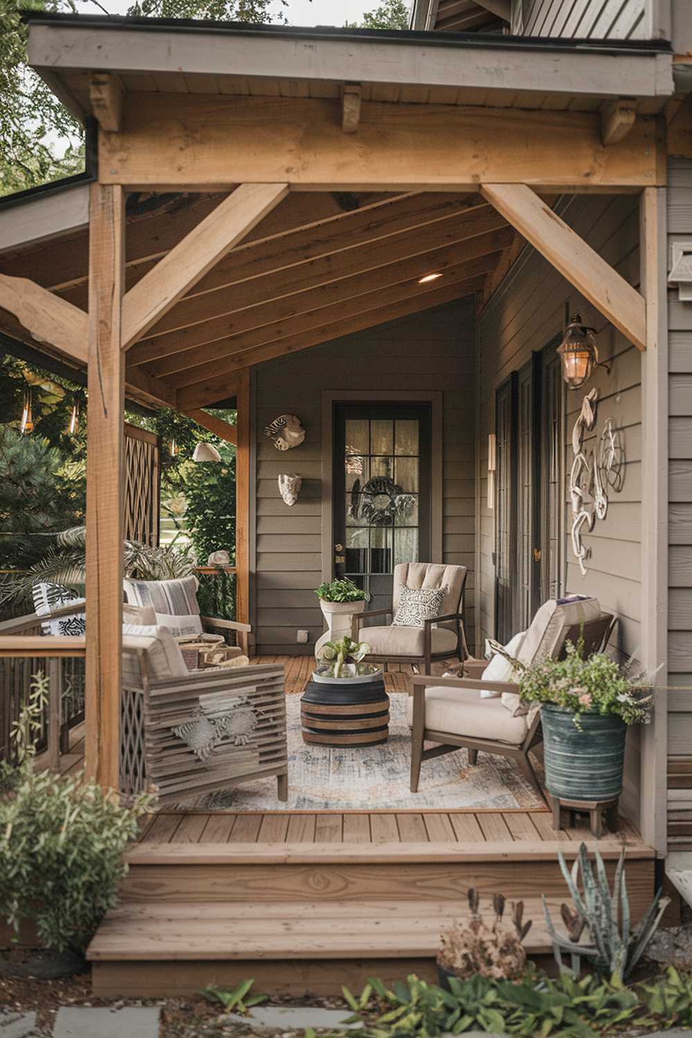 Wooden back porch with comfortable seating and planters creating seamless outdoor living space