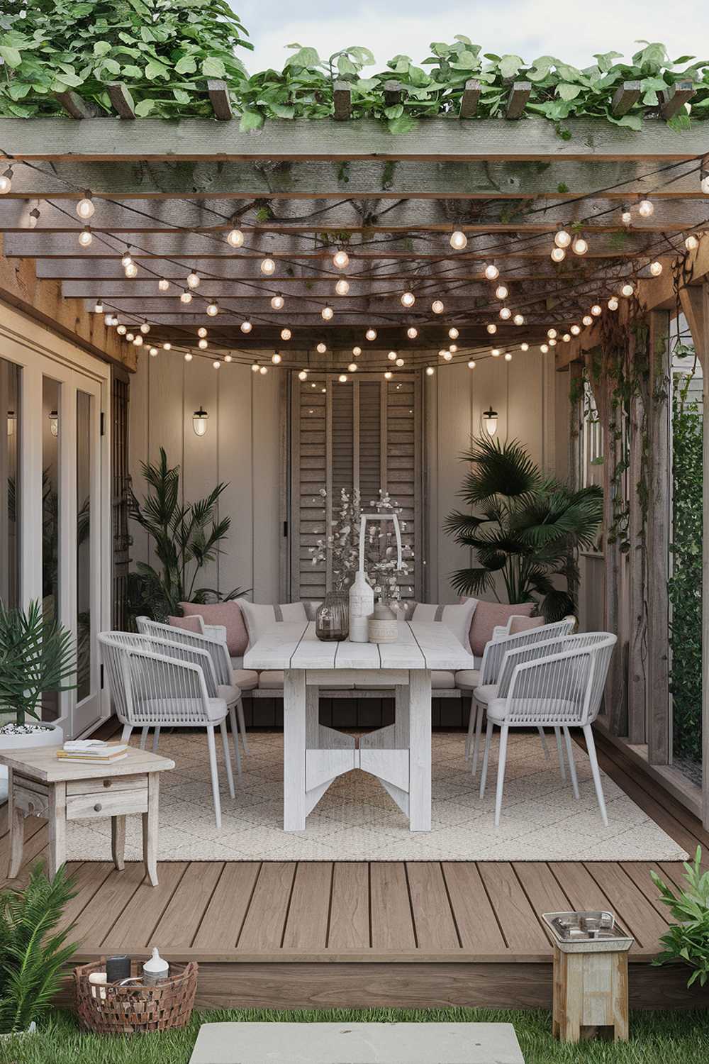 A backyard patio design and decor (no firepit). The patio has a wooden deck floor and is furnished with a white wood outdoor dining set. There's a weathered wood side table near the dining set. In the background, there's a rustic wooden pergola with vines growing on it. The walls of the pergola are adorned with string lights. The floor is covered with a soft outdoor rug. There are potted plants placed around the patio. The overall setting is serene and inviting.