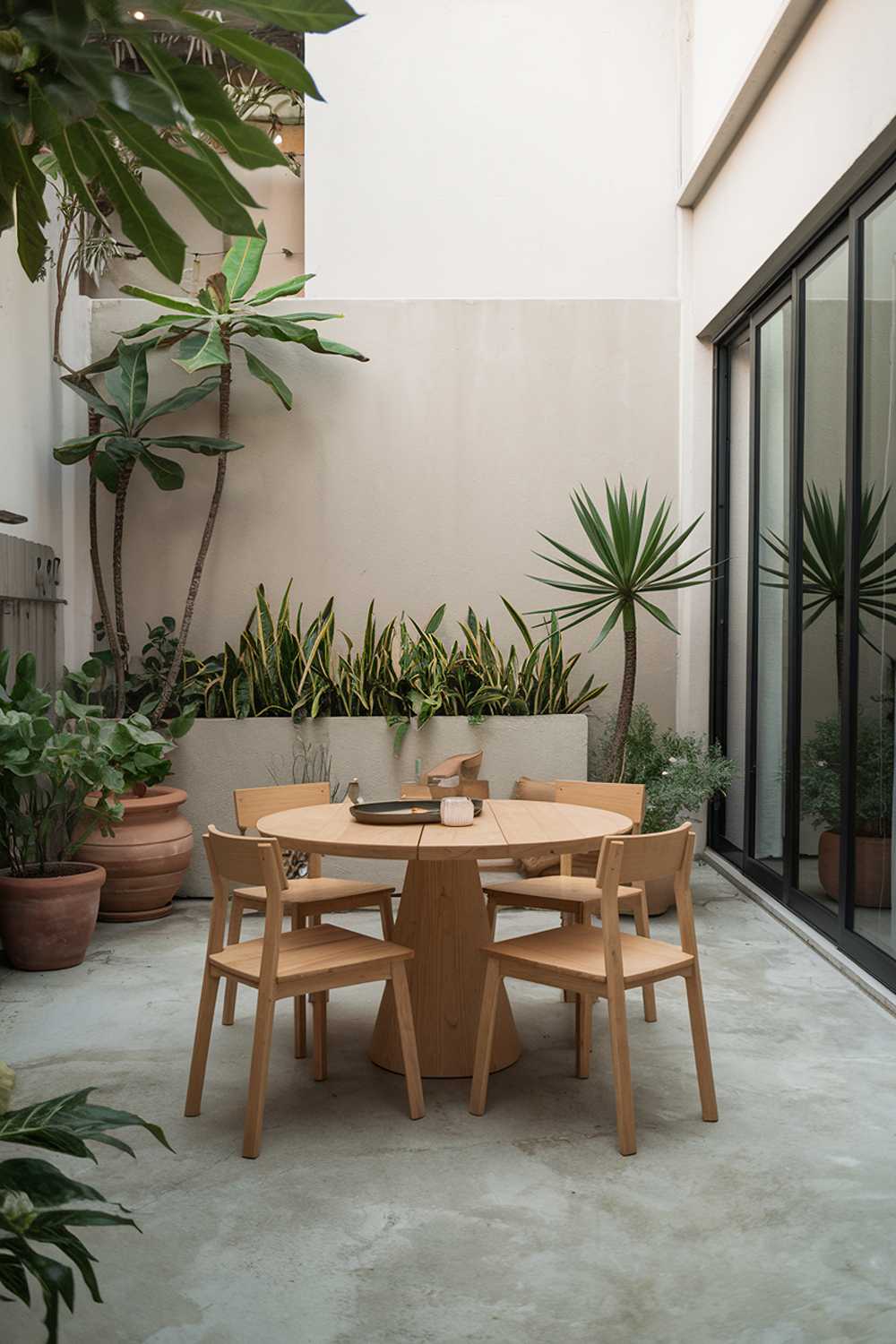 A small backyard patio design with a minimalist aesthetic. There is a large wooden table with four chairs. A few potted plants are placed around the patio. There is a wall with a built-in planter. The floor is made of concrete. The lighting is soft.