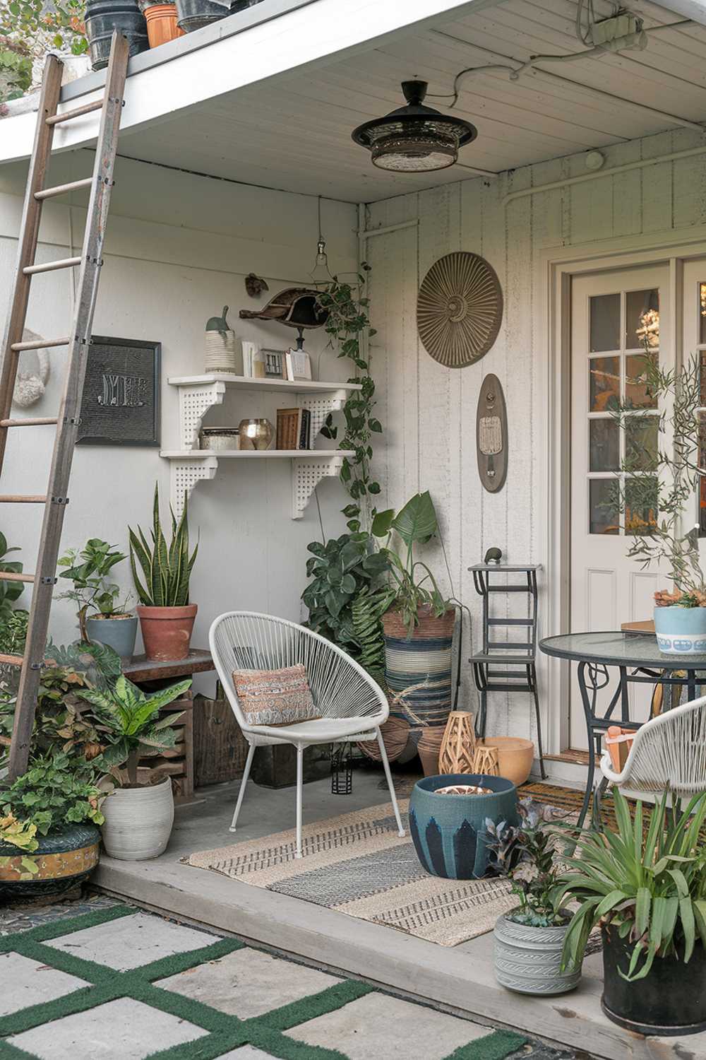 A backyard patio design without a fire pit. The patio has a few chairs and a table. There are potted plants around the patio. The walls are adorned with shelves and decorations. The ground is covered with a rug. A ladder is leaned against the wall near the patio.