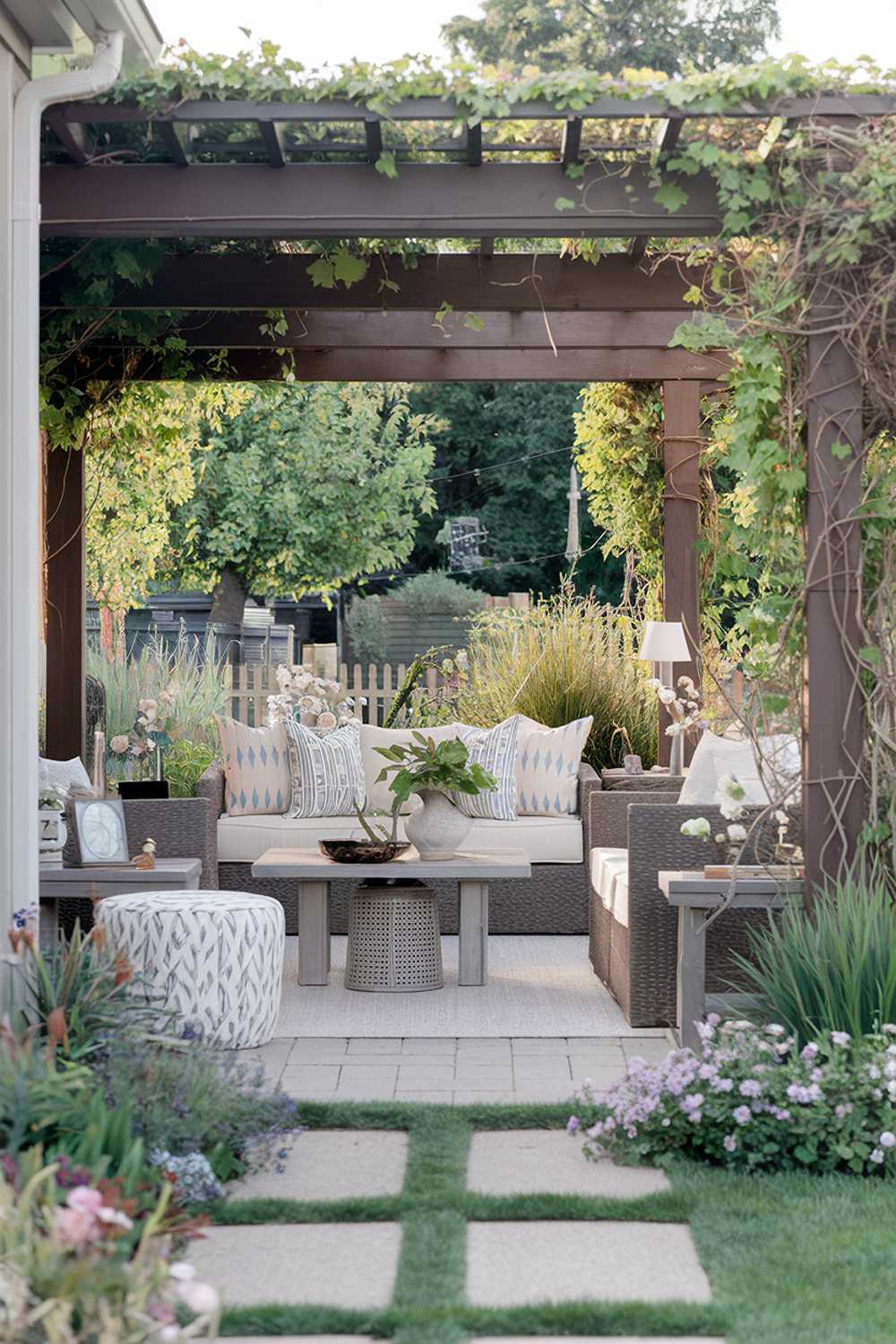 A backyard patio design and decor. The patio is decorated with a variety of items, including a sofa, a coffee table, a plant, and a few decorative pieces. There is a pergola with vines growing on it. The patio is surrounded by a lush garden with flowers and greenery. The background contains a few trees and a fence. The lighting is soft.