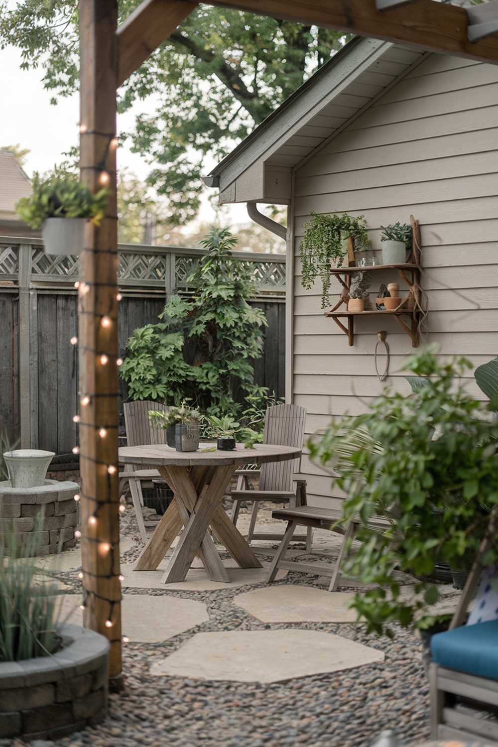 A backyard patio design and decor (no firepit). The patio has a rustic wooden table and chairs, a green plant, and a wall with a wooden shelf and potted plants. There is a string of fairy lights wrapped around a wooden post. The ground is covered with small stones. The background reveals a house and trees.