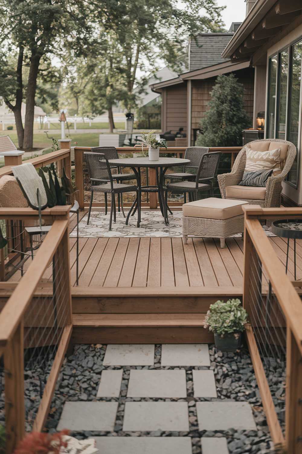 A backyard patio. There's a wooden deck with a railing. On the deck, there's a round table with four chairs, a wicker chair with an ottoman, and a potted plant. There's a path of pavers leading to the deck. The background contains a house with a few trees. The lighting is soft.