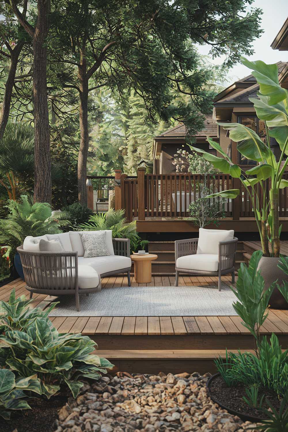 A backyard patio design with a wooden deck, outdoor seating, and a large plant. The deck is surrounded by lush greenery, including tall trees and various plants. There is a white outdoor sofa with cushions and a matching chair. A wooden side table is placed near the sofa. A large potted plant is placed near the chair. The ground is covered with pebbles. The background reveals a house with a wooden railing.