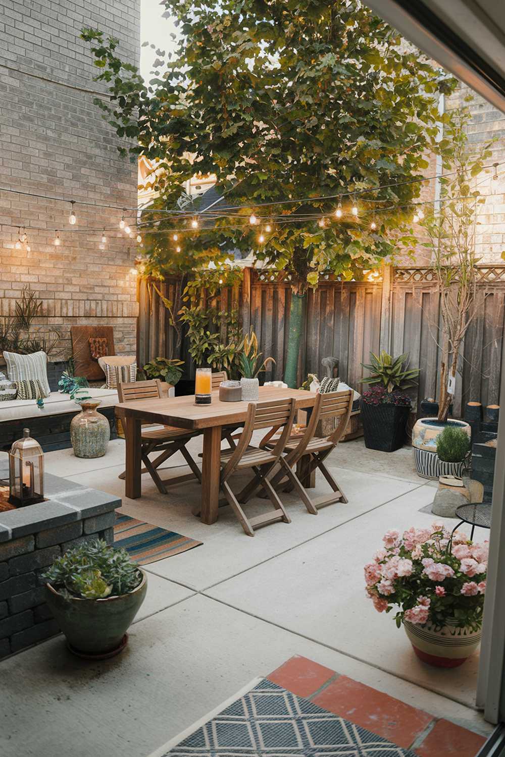 A backyard patio design. There is a large wooden table with chairs in the middle of the patio. Surrounding the table are potted plants and decorative items. The patio is made of concrete and has a few tiles. There are string lights hanging above the table. The background has a brick wall and a fence. The overall scene has a warm, inviting ambiance.