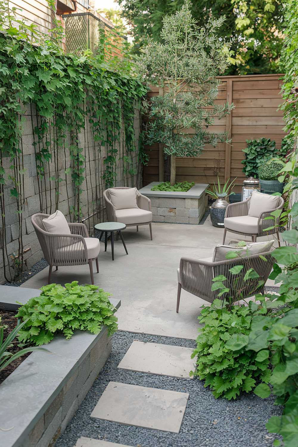 A backyard patio design with no firepit. The patio is made of concrete and is surrounded by lush greenery. There are several comfortable chairs and a small table placed on the patio. The walls surrounding the patio are made of stone and have climbing plants. There is a large planter in the corner with a tall tree. The ground is covered with gravel. The background contains a wooden fence and a building.