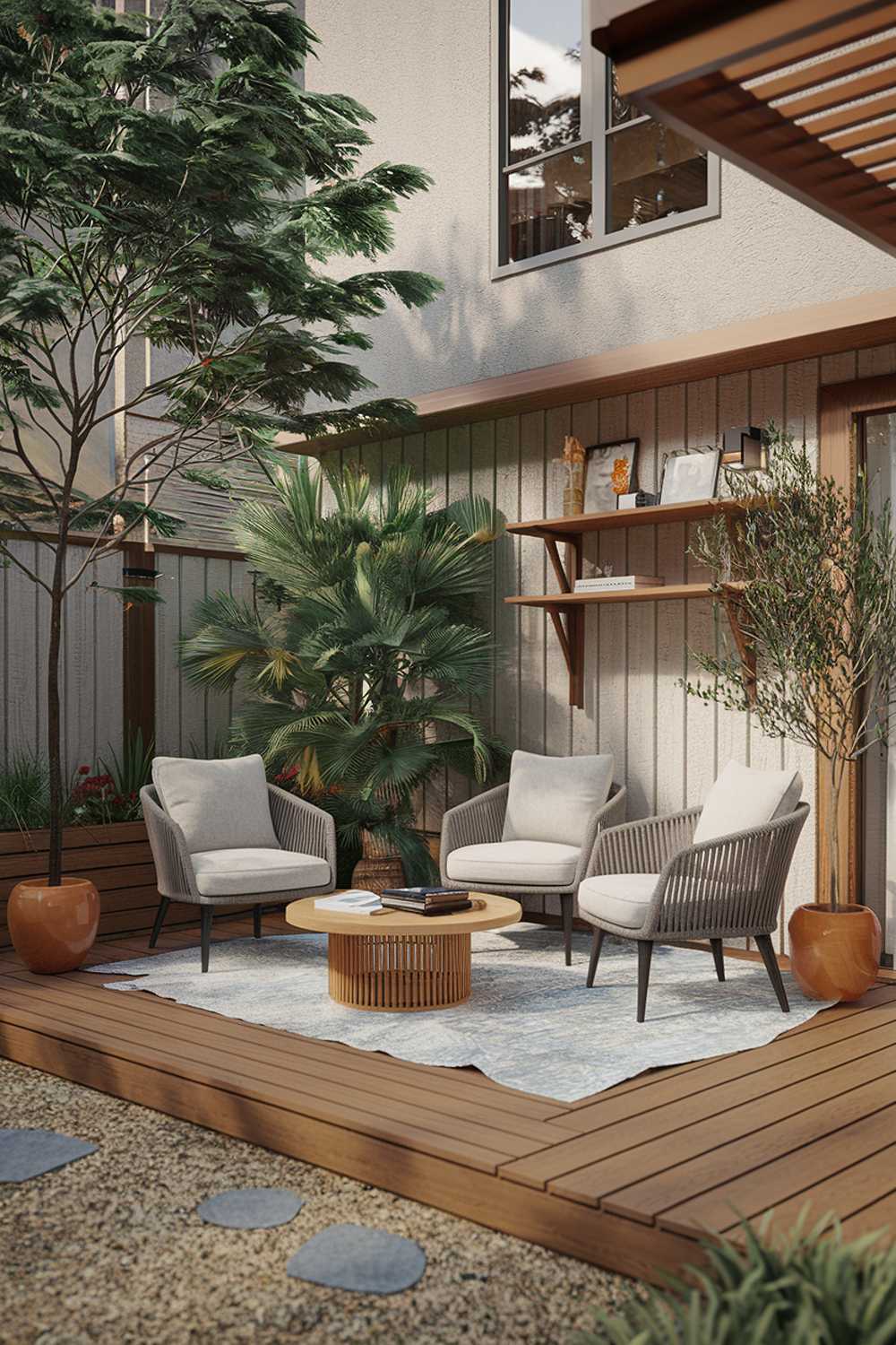 A backyard patio design (no firepit). The patio has a wooden deck with a few chairs and a table. There is a potted plant near the wall. The wall has a wooden shelf with a few items. The background contains a building with a window. The ground is covered with gravel.