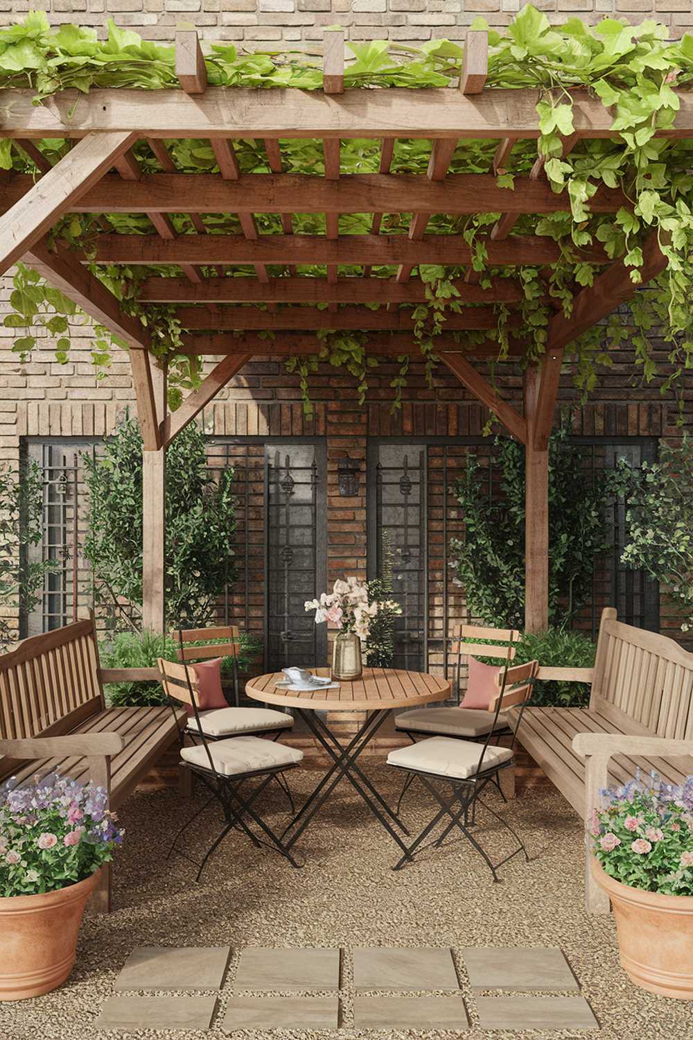 A backyard patio design with a rustic vibe. There's a wooden pergola with green vines growing on it, providing shade. A wooden table with four chairs is placed under the pergola. There are two wooden benches on either side of the patio. Potted plants with flowers are placed around the patio. The ground is covered with gravel. The background has a brick wall and a gate.