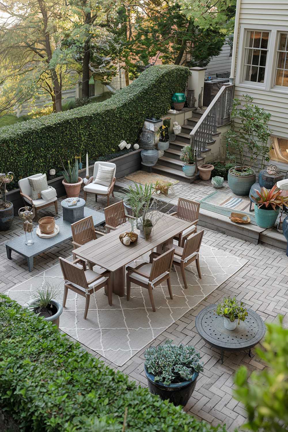 A backyard patio design. There is a large wooden table with chairs in the centre of the patio. Surrounding the table are various items such as potted plants, a rug, and decorative items. The patio is surrounded by a hedge and has a brick pattern. There is a staircase leading to a higher level. The background contains a house with windows. The lighting is soft.