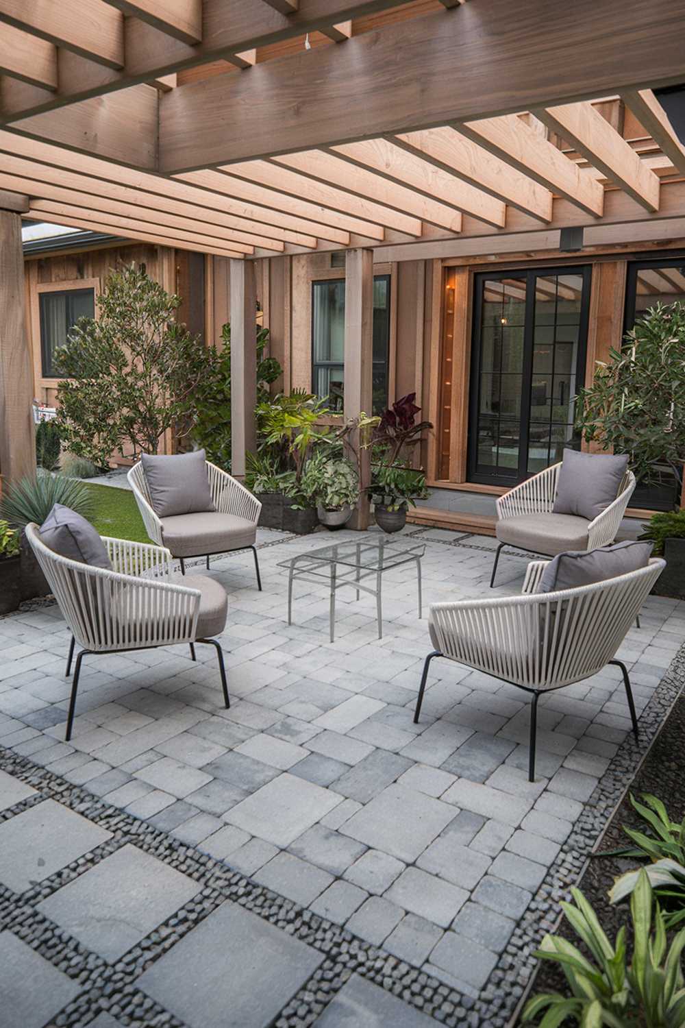 A backyard patio design with a modern aesthetic. There is a rectangular patio made of gray pavers, surrounded by a border of the same material. The patio is partially covered by a pergola made of wooden beams. There are four white chairs with gray cushions placed on the patio, with one facing the pergola and the other three forming a semi-circle. A glass table is placed between the chairs. There are several potted plants scattered around the patio. The background reveals a house with a wooden exterior.