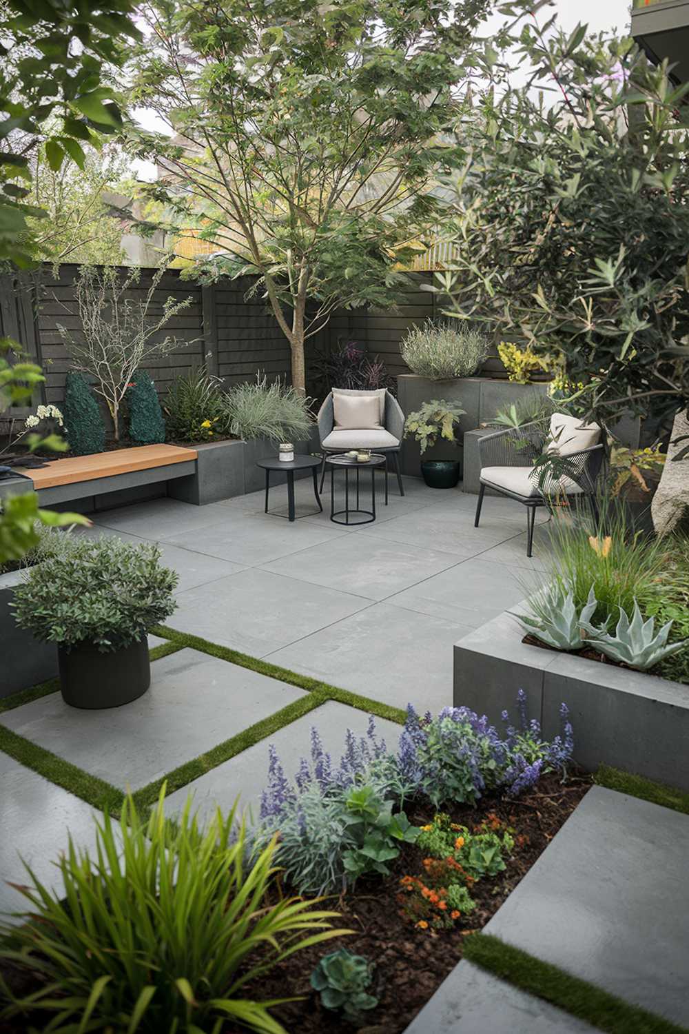 A stylish backyard patio and garden design with a modern aesthetic. The patio is made of grey concrete and features a few potted plants, a chair, and a small table. The garden contains a variety of plants, including greenery, flowers, and a tree. There's a bench near the patio. The background contains a fence and a wall. The lighting is soft.