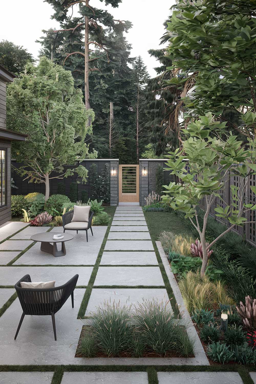 A backyard patio and garden design with a modern aesthetic. The space features a large rectangular concrete patio with a few chairs and a small table. Surrounding the patio is a lush garden with various plants, including tall trees, shrubs, and small flowering plants. There's a pathway made of small stones leading to a wooden gate at the end of the garden. The background contains a few tall trees.