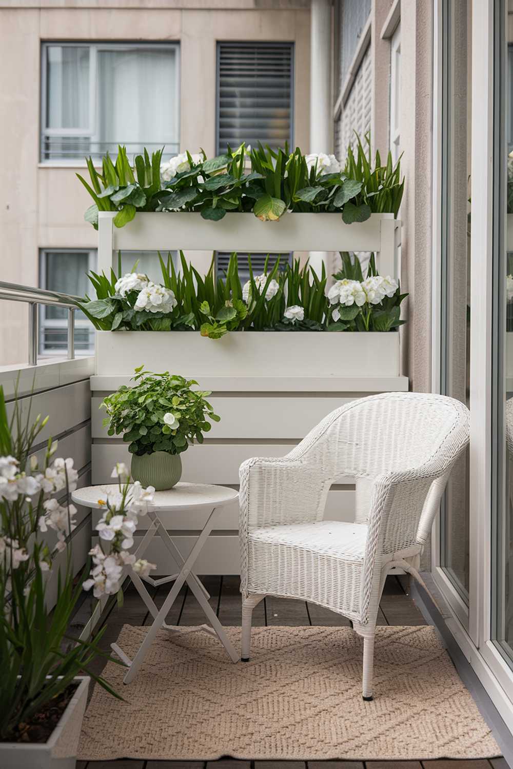 A cozy balcony with a stylish design and decor idea. There's a white wicker chair and a small white table. The table has a green plant with white flowers. There's a beige rug on the floor. The wall has a white planter box with green plants. The plants have white flowers. The background contains a building with windows.