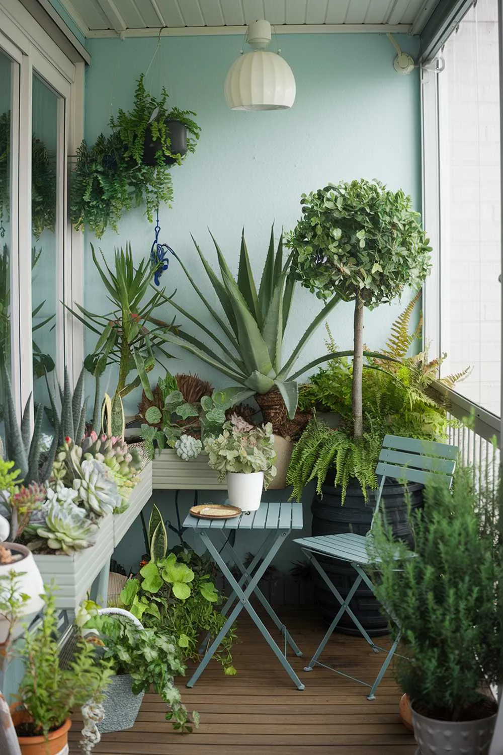 23 Perfect Balcony Plants Ideas for Small Spaces 3 A balcony with a collection of plants. There are various types of plants, including succulents, ferns, and a small tree. The balcony is furnished with a small wooden table and a chair. The wall behind the plants is painted in a light blue color. There is a white lampshade hanging from the ceiling. The floor is made of wooden planks.