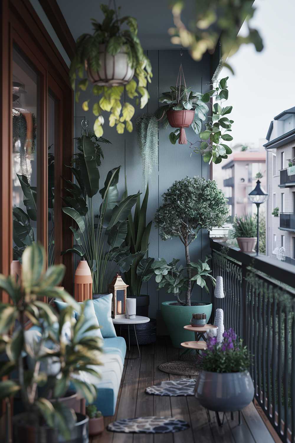 A balcony with a variety of plants. There are hanging plants, potted plants of various sizes, and a small tree. The balcony has a wooden floor and a railing. There are a few decorative items, such as a lantern and a small table. The background reveals a cityscape with buildings. The overall ambiance is serene and inviting.