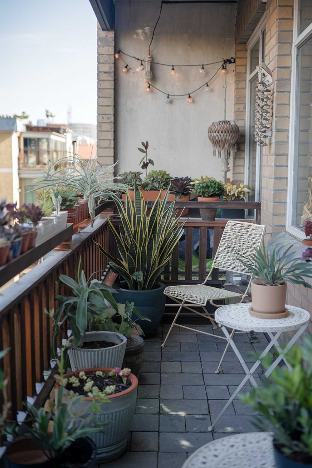 A cozy balcony with a design and decor idea. There are various plants of different sizes, shapes, and textures placed in pots. The pots are of different materials and colors. The balcony has a wooden railing and a stone floor. There is a white chair and a small white table with a plant pot on the balcony. The balcony is adorned with a string of lights and a decorative item. The background reveals a cityscape with buildings.