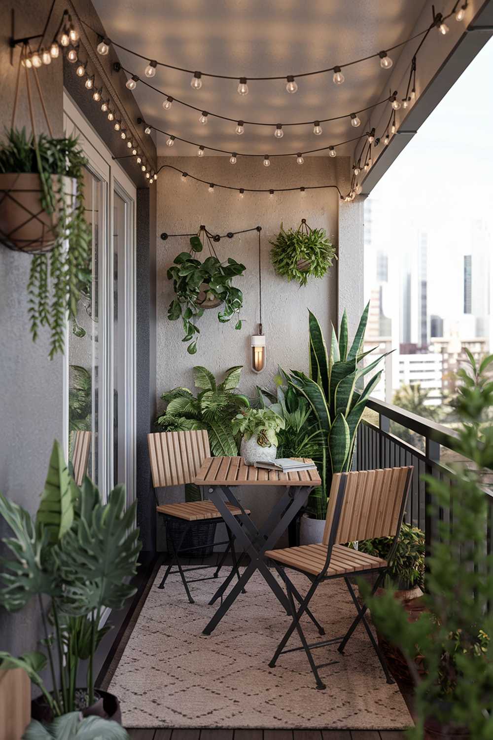 A balcony design with lush green plants. There is a wooden table and chairs set in the middle of the balcony. The walls are adorned with hanging plants and string lights. The balcony has a rug on the floor and has a few decorative items. The background reveals a city skyline with tall buildings.