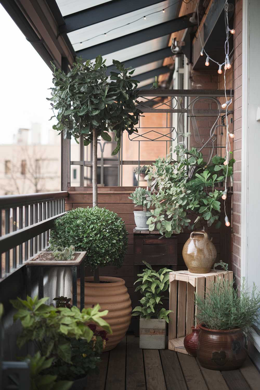 A balcony with a stylish design and decor idea. There are various plants of different sizes and types, including a tall tree, a bush, and smaller potted plants. The balcony has a wooden railing and a metal framework. The floor is made of wood. There are a few decorative items, such as a ceramic pot, a wooden crate, and a string of lights. The background reveals a cityscape with buildings. The lighting is soft.