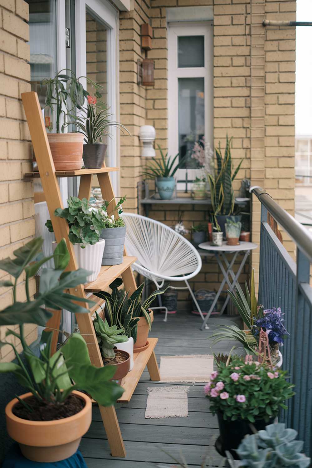 A balcony with a stylish design and decor. There are various plants of different sizes placed in pots of varying shapes and sizes. The plants are placed on a wooden ladder shelf. There's a white chair and a small table on the balcony. The railing is made of metal. The background reveals a brick wall with a few windows. The overall scene has a warm and inviting atmosphere.