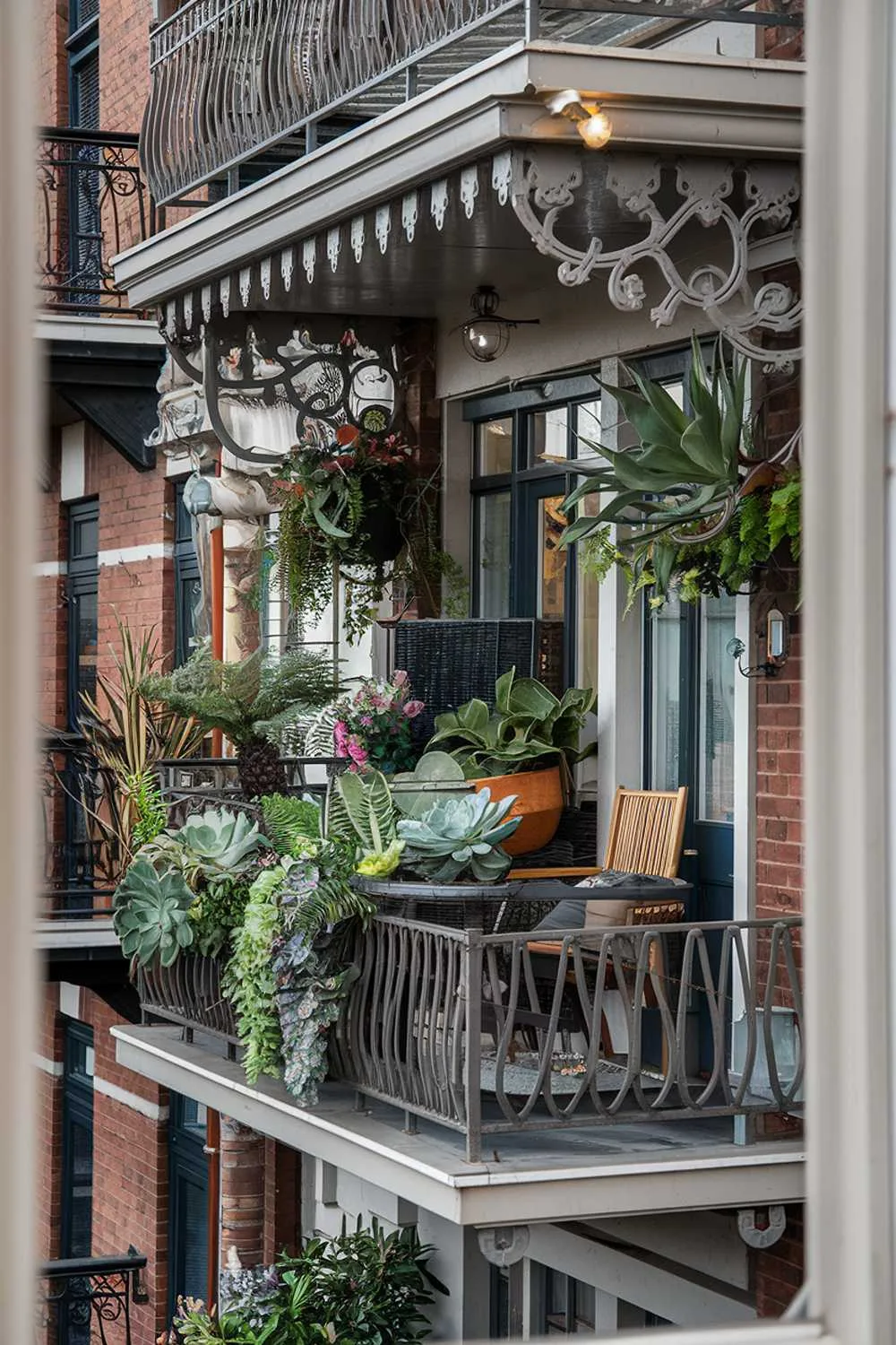 23 Perfect Balcony Plants Ideas for Small Spaces 11 The balcony is decorated with various plants, including succulents, ferns, and flowers. There's also a wooden chair and a small table on the balcony. The railing of the balcony is made of metal and has a decorative pattern. The background contains a brick building with multiple balconies.