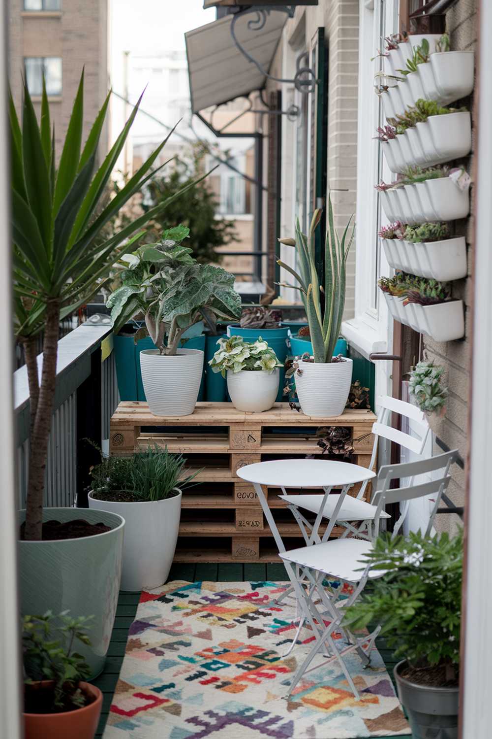 A balcony with a stylish design and decor idea. There are various plants of different sizes placed in pots. The pots are placed on a wooden pallet. There is a small white table and two chairs on the balcony. A colorful rug is placed on the floor. The walls of the balcony are adorned with white pots and green plants. The background contains buildings. The photo is taken from the front of the building.