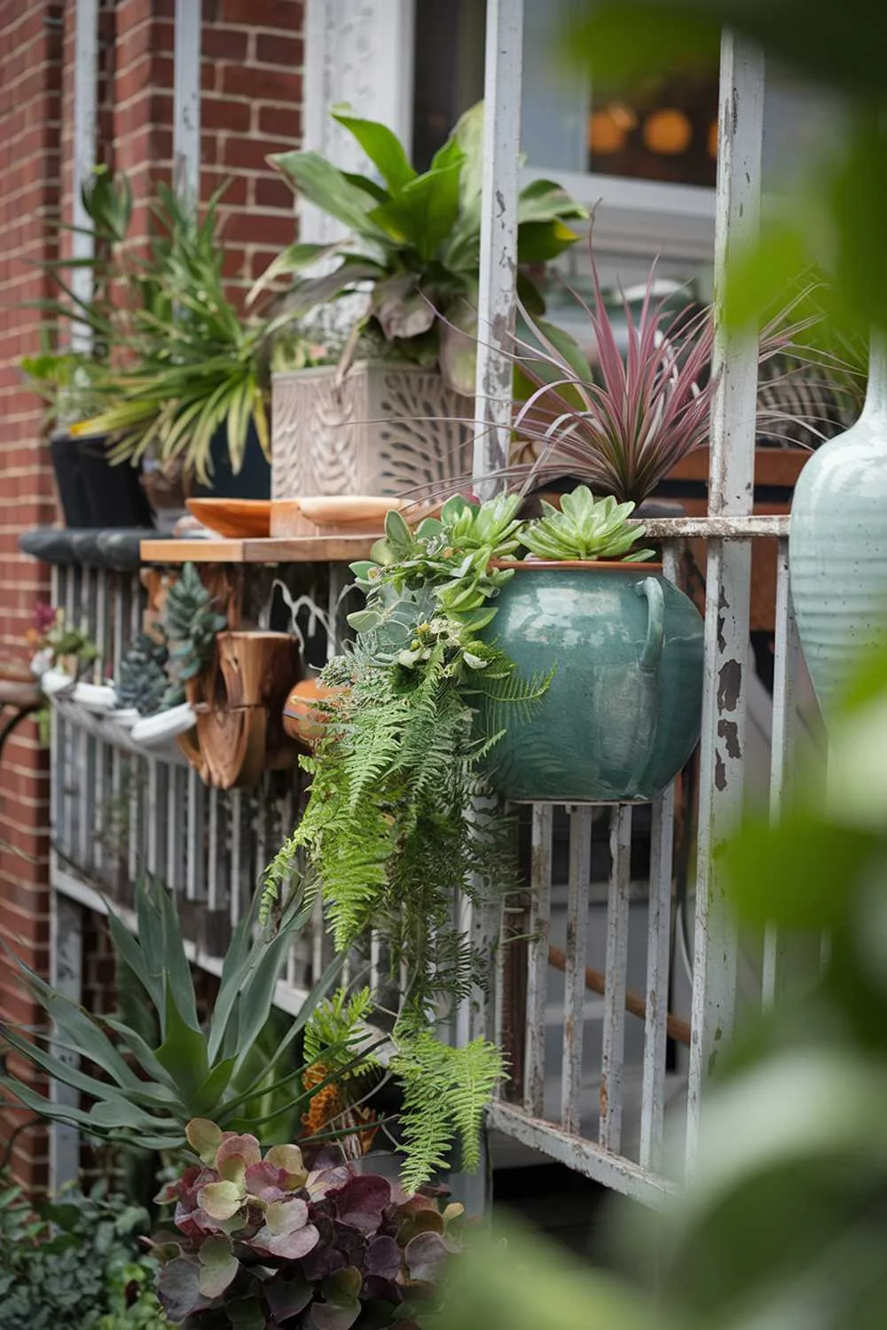 23 Perfect Balcony Plants Ideas for Small Spaces 13 A balcony with plants and decor. The balcony is adorned with various plants, including ferns, succulents, and pothos. There are also decorative items such as a teal pot, a wooden planter, and a white vase. The balcony railing is white and has some weathering. The background reveals a red brick wall. The overall image has a warm hue.