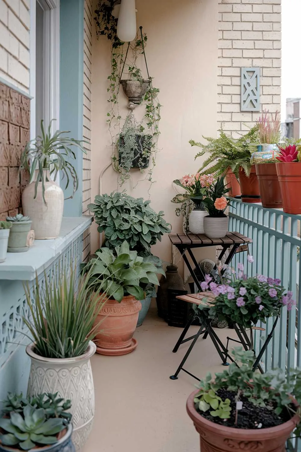 23 Perfect Balcony Plants Ideas for Small Spaces 14 A cozy balcony with various plants and decor. There are pots of different sizes filled with plants, including ferns, succulents, and flowers. There's a wooden table and a chair. A terracotta pot with a plant sits on the floor. There's a white vase with a plant near the wall. The railing is painted in a soft blue colour. The balcony has a beige floor. The background shows a brick wall with a decorative pattern.