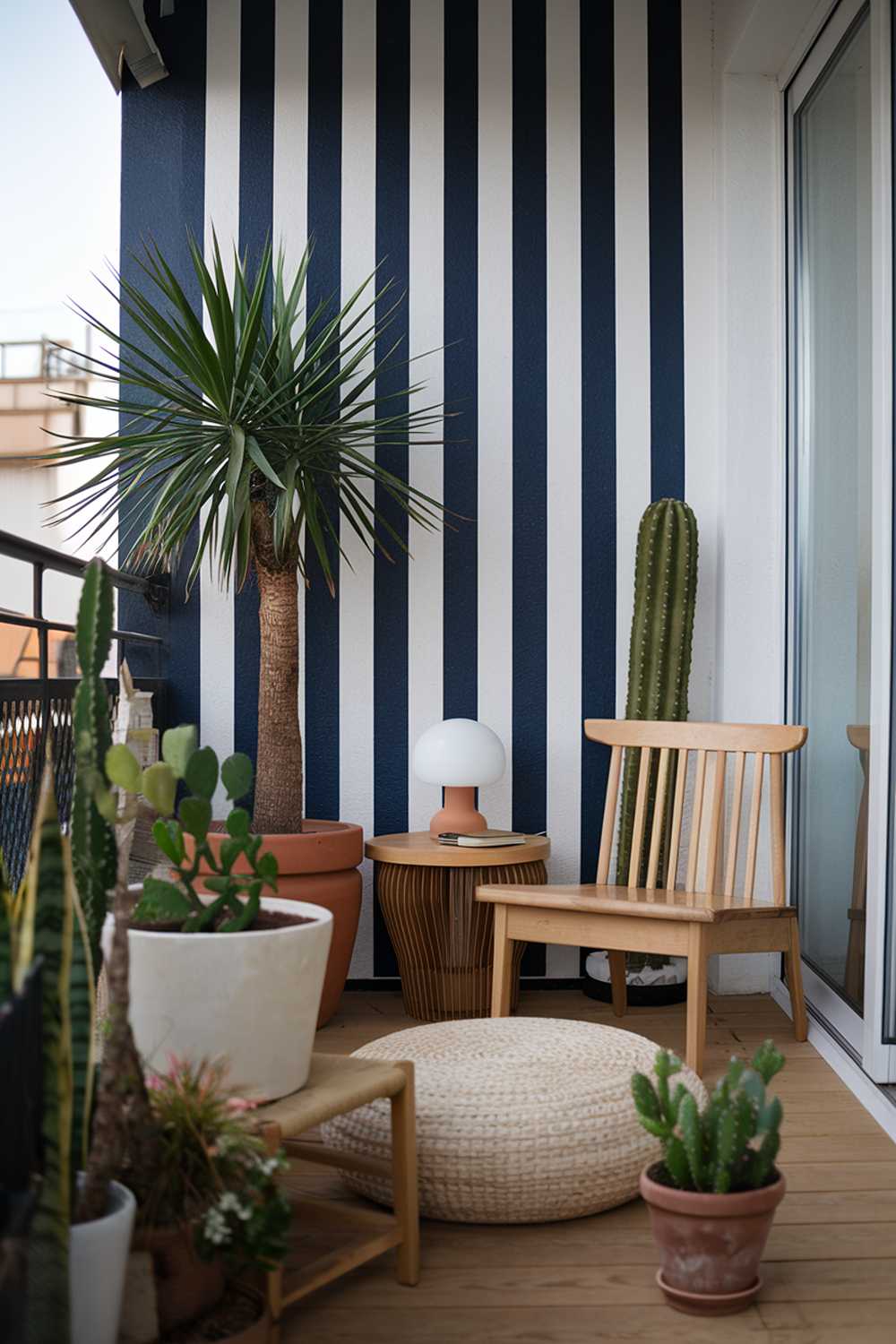 A balcony with a stylish decor. There are various plants of different sizes, including a large palm tree and a smaller cactus. There's a wooden chair and a small round table with a white lamp. The wall has a blue and white striped pattern. The floor is made of wood. The overall design is minimalistic and has a touch of bohemian style.