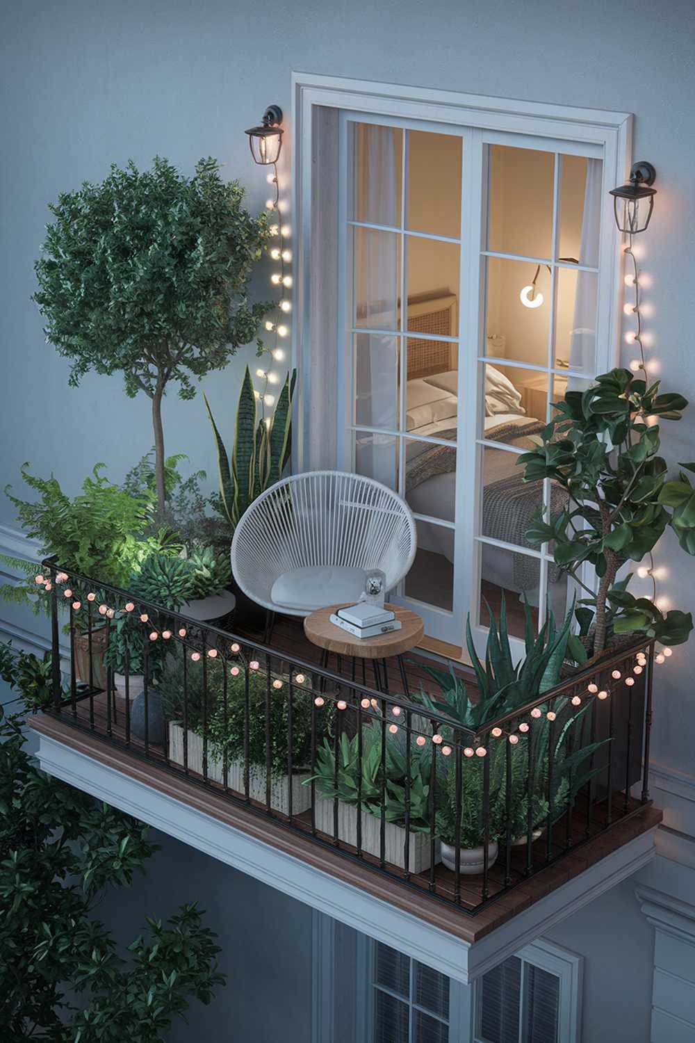 A balcony with plants design and decor idea for small spaces. The balcony has a wooden floor and is decorated with a variety of plants, including succulents, ferns, and a small tree. There is a white chair and a small wooden table on the balcony. The wall is painted a light blue color. There are strings of lights wrapped around the plants and the railing. The balcony door is open, leading to a cozy room with a bed, a rug, and a lamp.