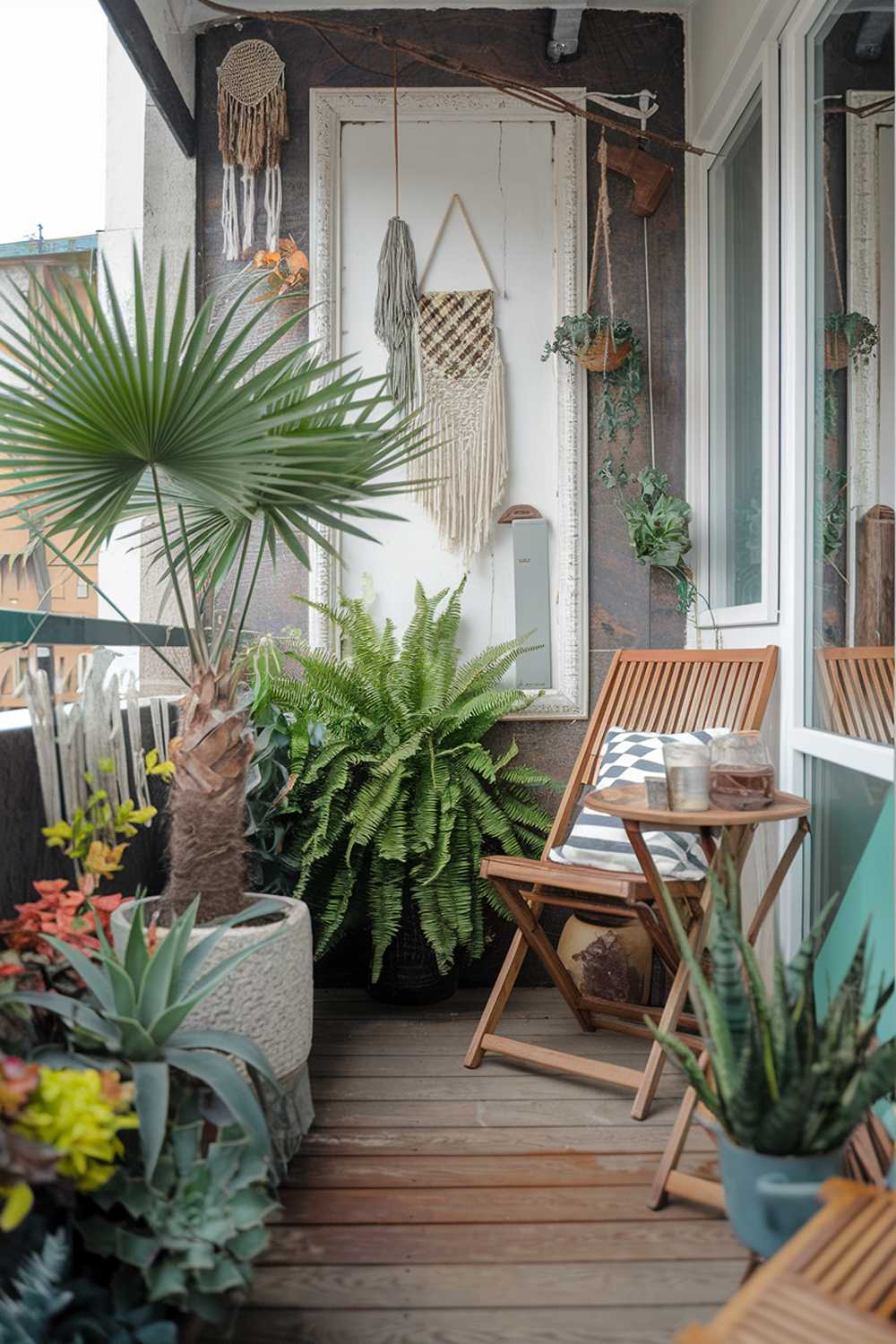 A cozy balcony with a stylish design. The balcony has a few plants, including a large palm tree, a fern, and a succulent. There's a wooden chair and a small table. The wall behind the plants has a white frame with a few decorative items. The floor is made of wooden planks. The overall design has a rustic, bohemian vibe.