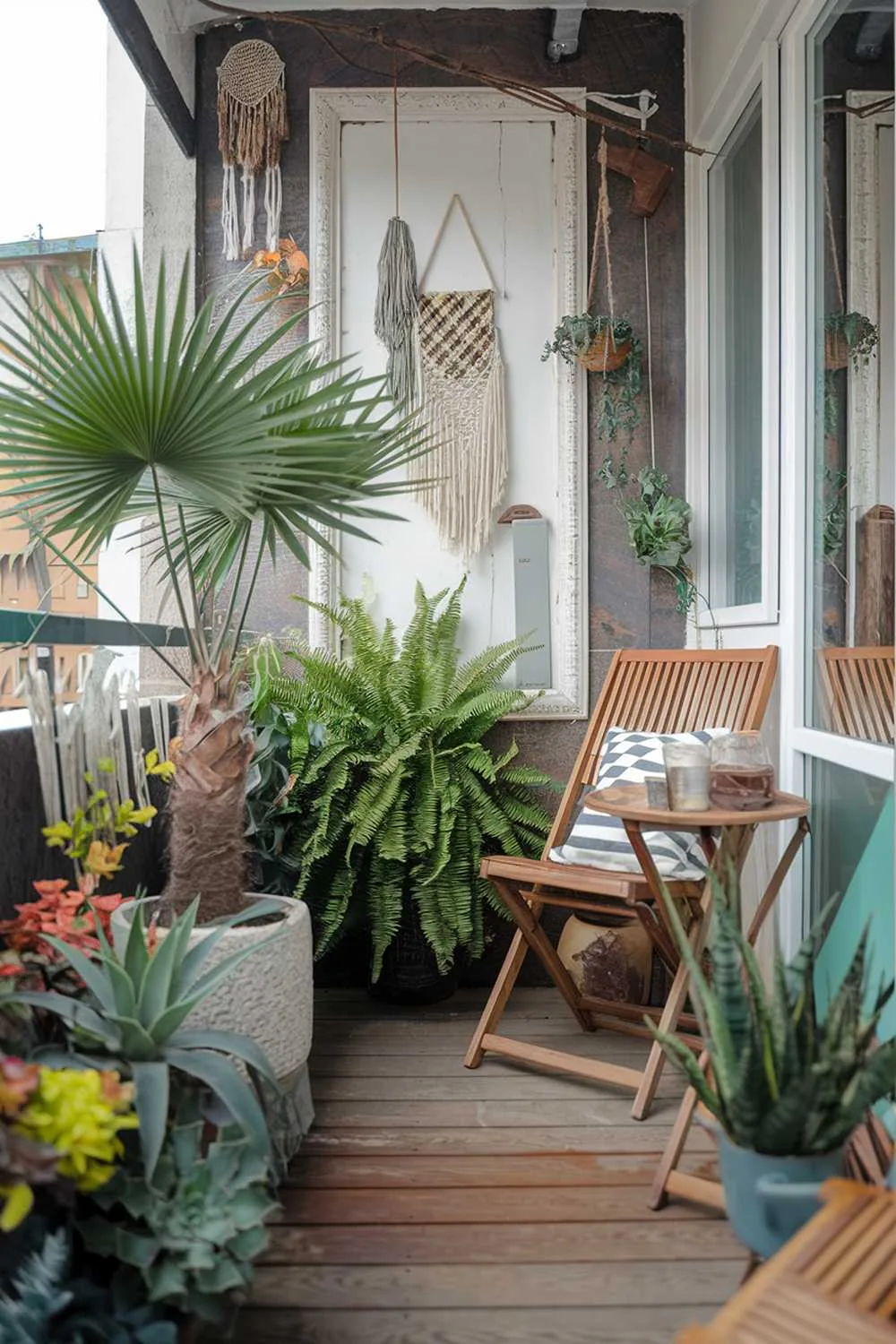 23 Perfect Balcony Plants Ideas for Small Spaces 17 A cozy balcony with a stylish design. The balcony has a few plants, including a large palm tree, a fern, and a succulent. There's a wooden chair and a small table. The wall behind the plants has a white frame with a few decorative items. The floor is made of wooden planks. The overall design has a rustic, bohemian vibe.