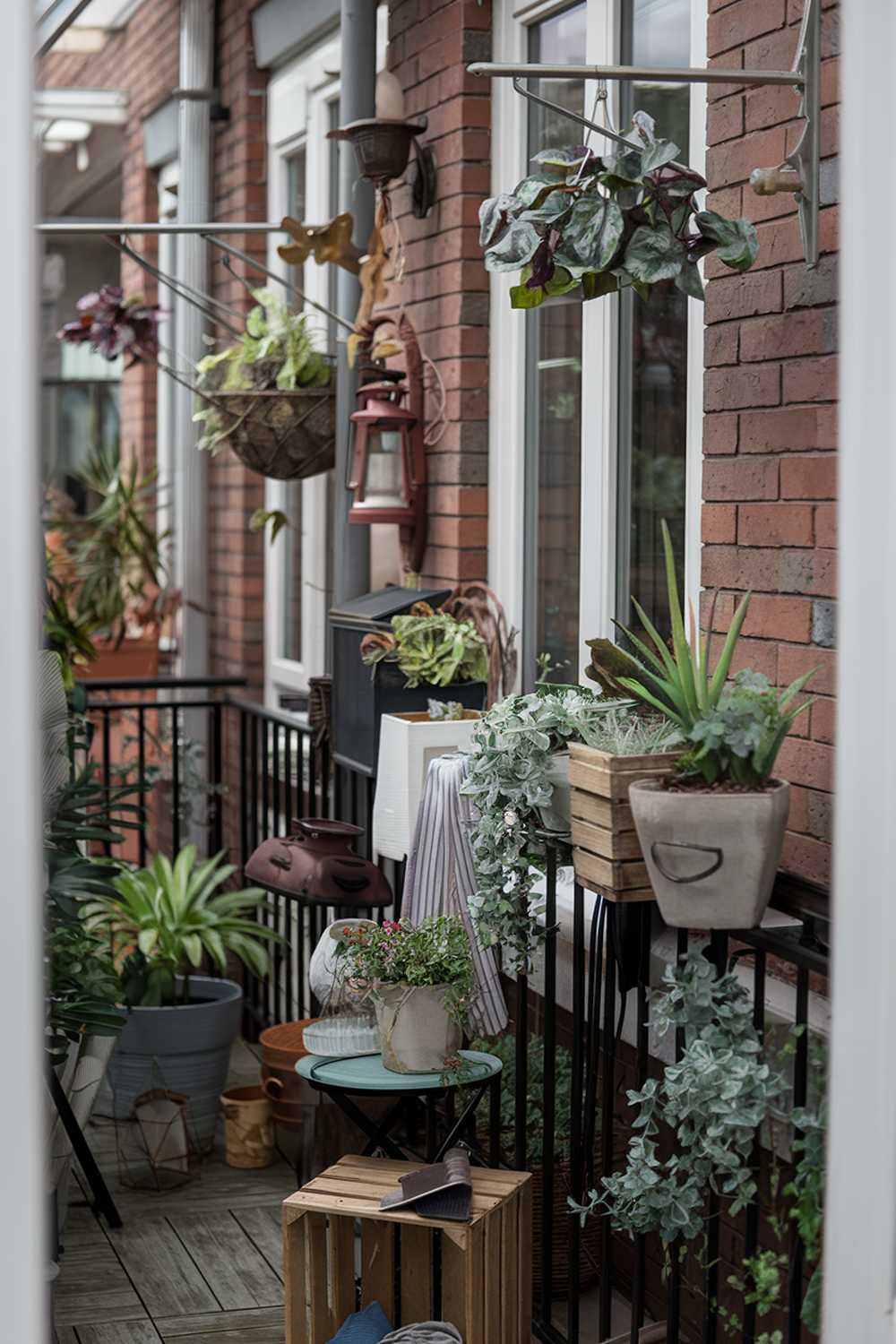 A cozy balcony with various plants and decor. There are hanging plants and pots with plants on the railings. There are also decorative items such as a lantern, a wooden crate, and a small table with a plant pot. The balcony has a wooden floor. The background reveals a brick wall and a window.