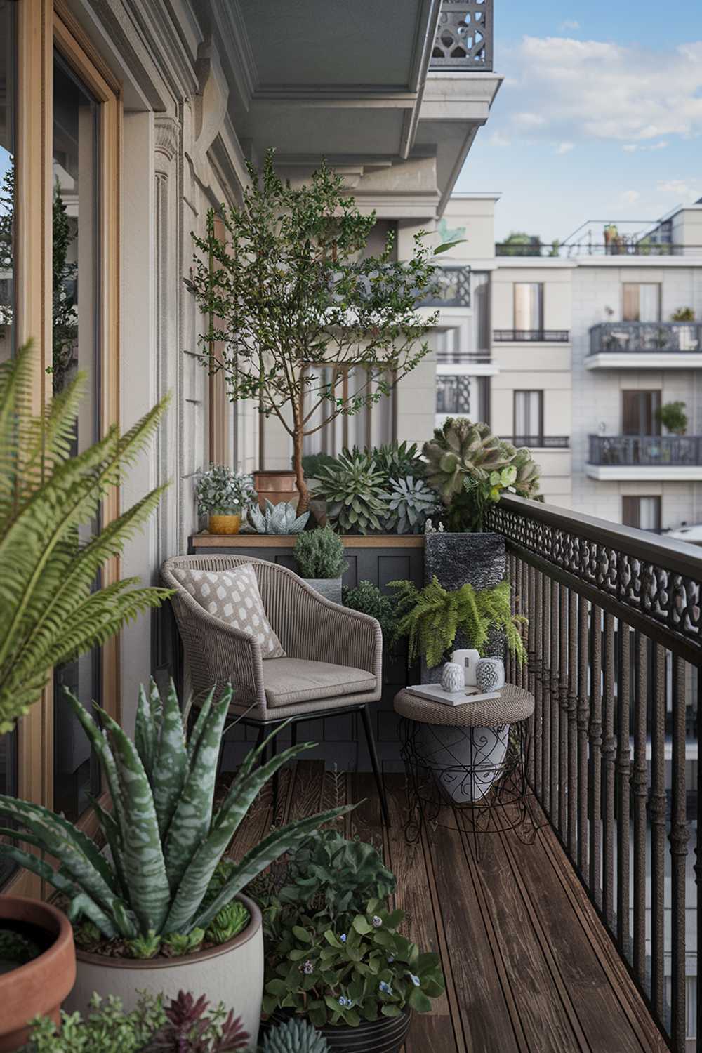 A balcony with plants and decor. The balcony has a wooden floor and is adorned with a variety of potted plants, including ferns, succulents, and a small tree. There is a wicker chair and a small table. The railing is made of iron and has a decorative pattern. The background reveals a building with multiple balconies and a blue sky.