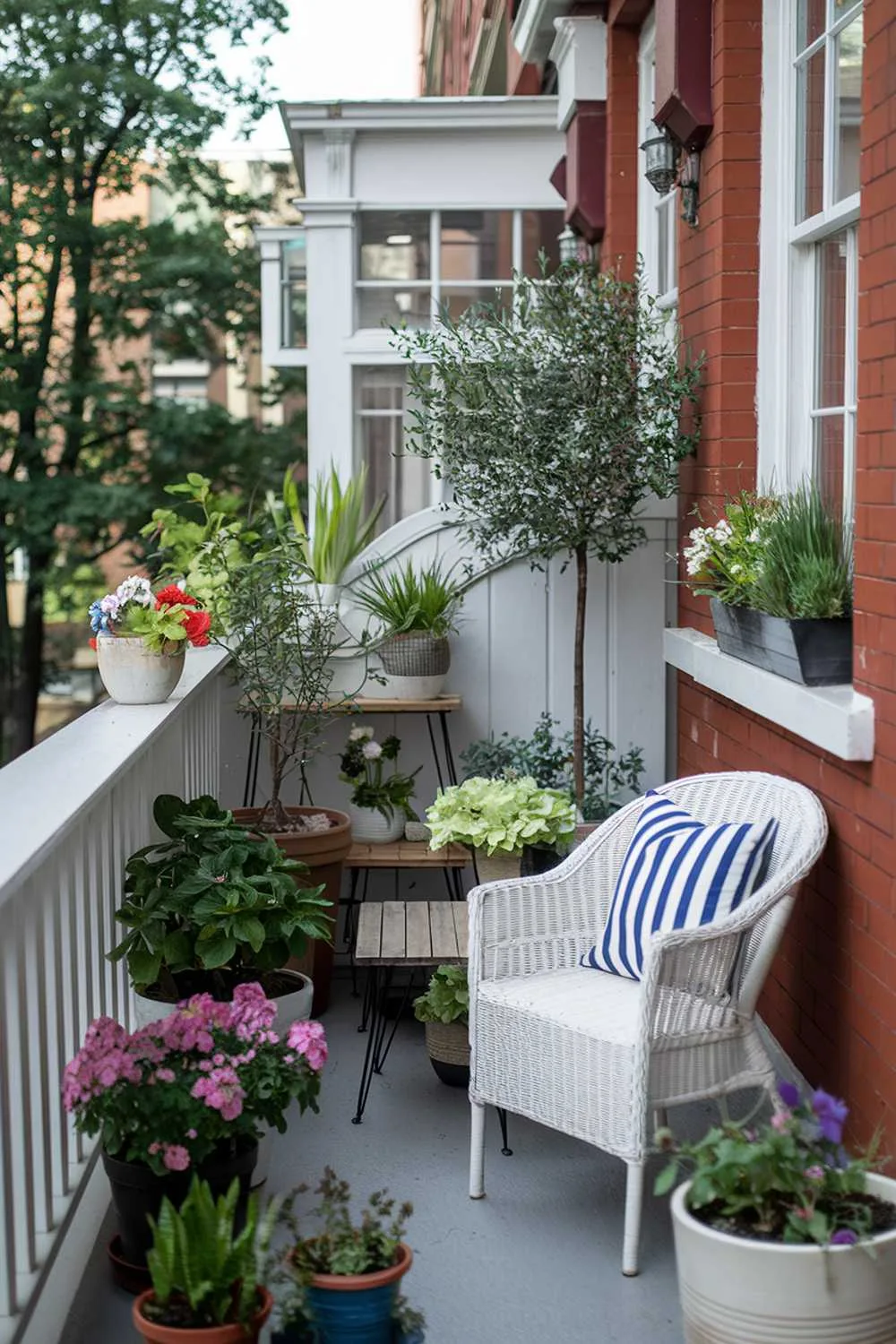 23 Perfect Balcony Plants Ideas for Small Spaces 20 A balcony with a variety of plants and decor. There are potted plants of various sizes, some with bright flowers. There's a white wicker chair and a small wooden table. There's a green plant growing in a white pot near the railing. There's a blue and white striped pillow on the chair. The balcony has a white railing. The building has red bricks and white trimmings. The background contains trees and buildings.