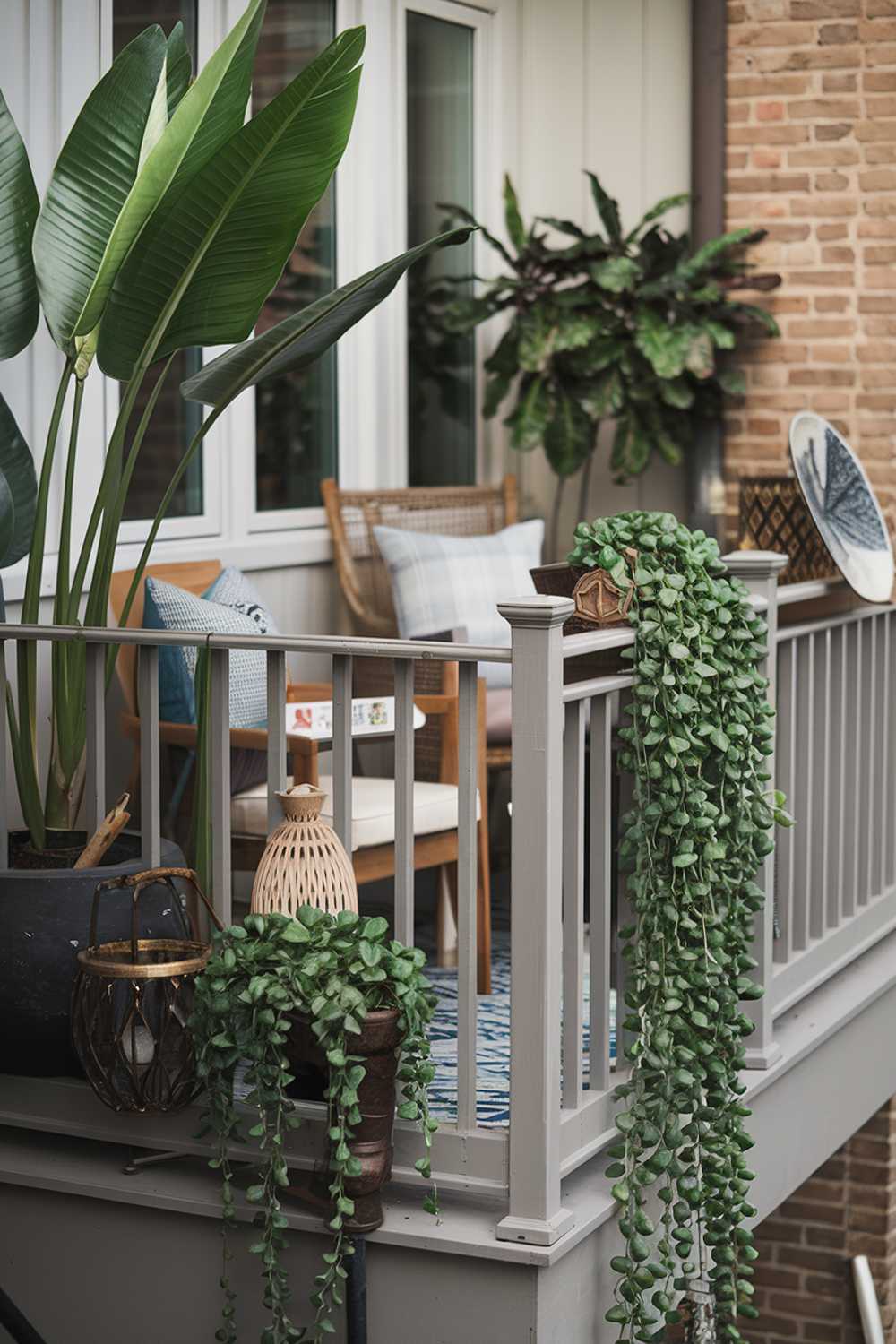 A balcony with a stylish cozy design and decor. The balcony has a few plants, including a large potted plant and a string of hearts plant. There is a wooden chair and a small table on the balcony. There are also some decorative items, such as a lantern and a decorative plate. The railing of the balcony is painted white. The background reveals a brick wall.