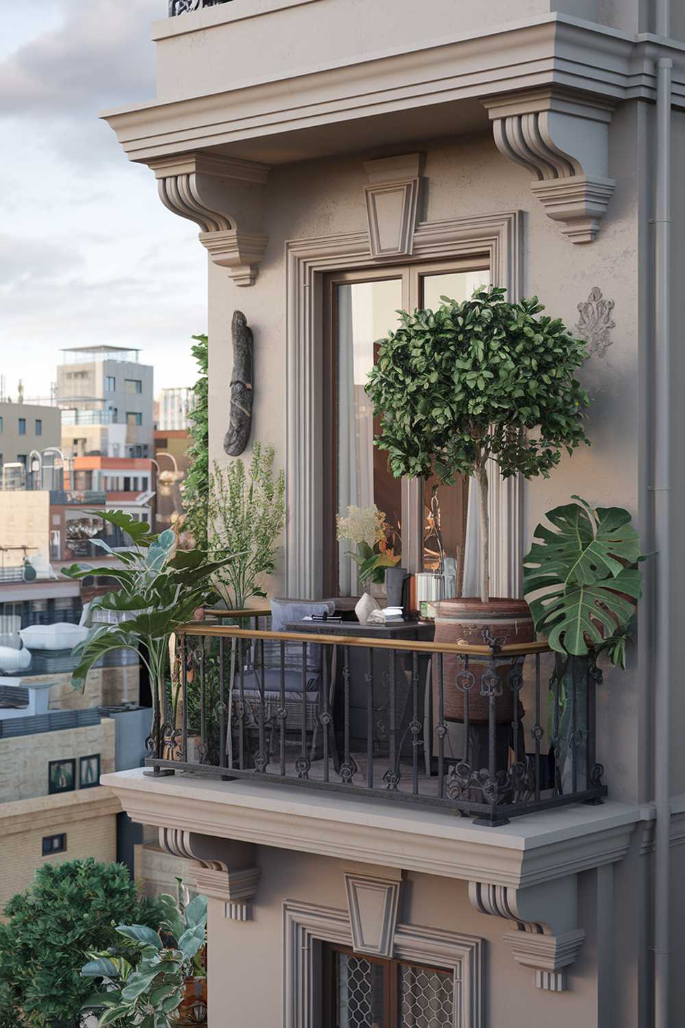 A cozy balcony filled with plants and decor. The balcony is part of a building with a distinctive architectural style. The balcony has a wooden railing and is furnished with a small table and chairs. The walls of the balcony are adorned with decorative items. There are various plants of different sizes and types on the balcony, including a large potted tree. The background reveals a cityscape with buildings of varying heights.