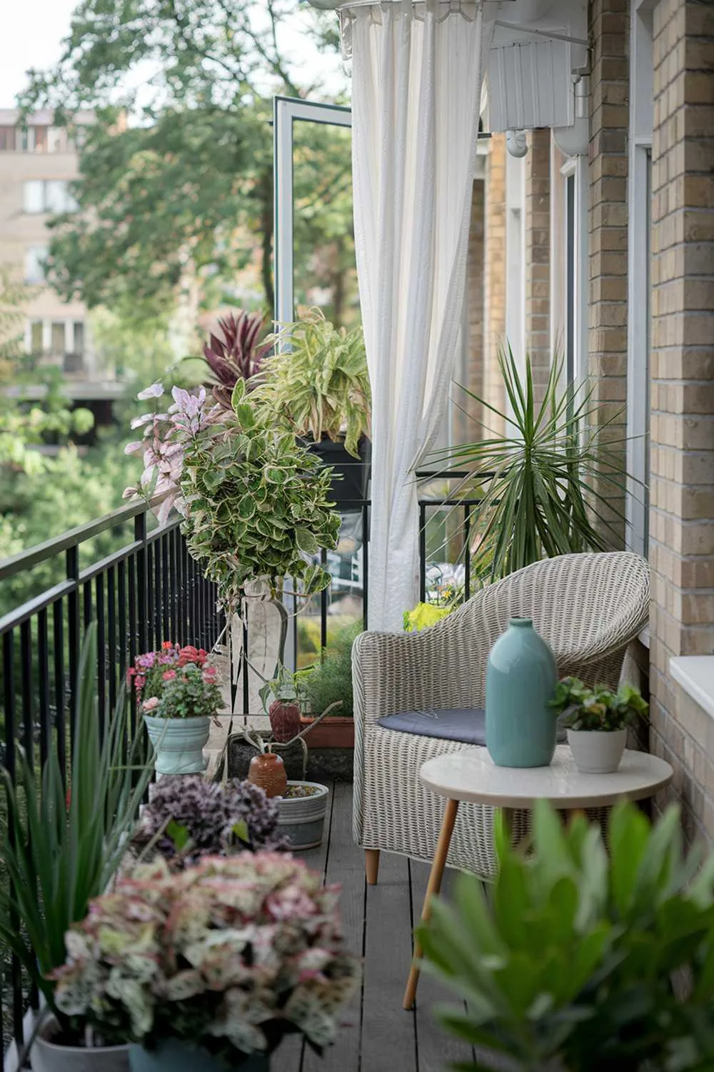 23 Perfect Balcony Plants Ideas for Small Spaces 23 A stylish cozy balcony with a variety of plants. There's a wicker chair and a small table with a teal vase. A white curtain hangs from the balcony rail, adding a touch of style. The railing is black, and the building is made of brick. The background reveals a serene setting with lush greenery and a few buildings.